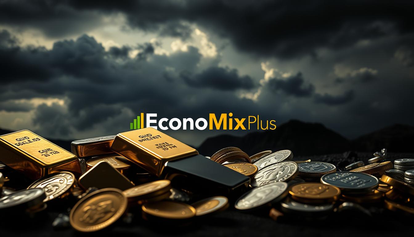 Is Silver Better Than Gold During Times of Crisis- EconoMix Plus Precious metals investment during economic uncertainty: A dramatic, cinematic scene featuring a portfolio of gold and silver bars, coins, and bullion set against a moody backdrop of dark clouds and stormy skies. The foreground highlights the weighty, tactile nature of the metals, with dramatic lighting casting sharp shadows and highlights. The middle ground includes the EconoMix Plus logo, symbolizing the secure investment in precious metals during volatile economic times. The background conveys a sense of impending crisis, with ominous clouds and a brooding atmosphere, emphasizing the need for a safe haven. The overall composition strikes a balance between the tangible solidity of the metals and the unsettling uncertainty of the environment, reflecting the theme of "The Precious Metals Landscape in Uncertain Times".