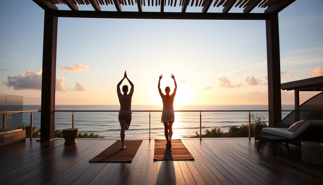 Couple enjoying sunset yoga at luxury wellness retreat