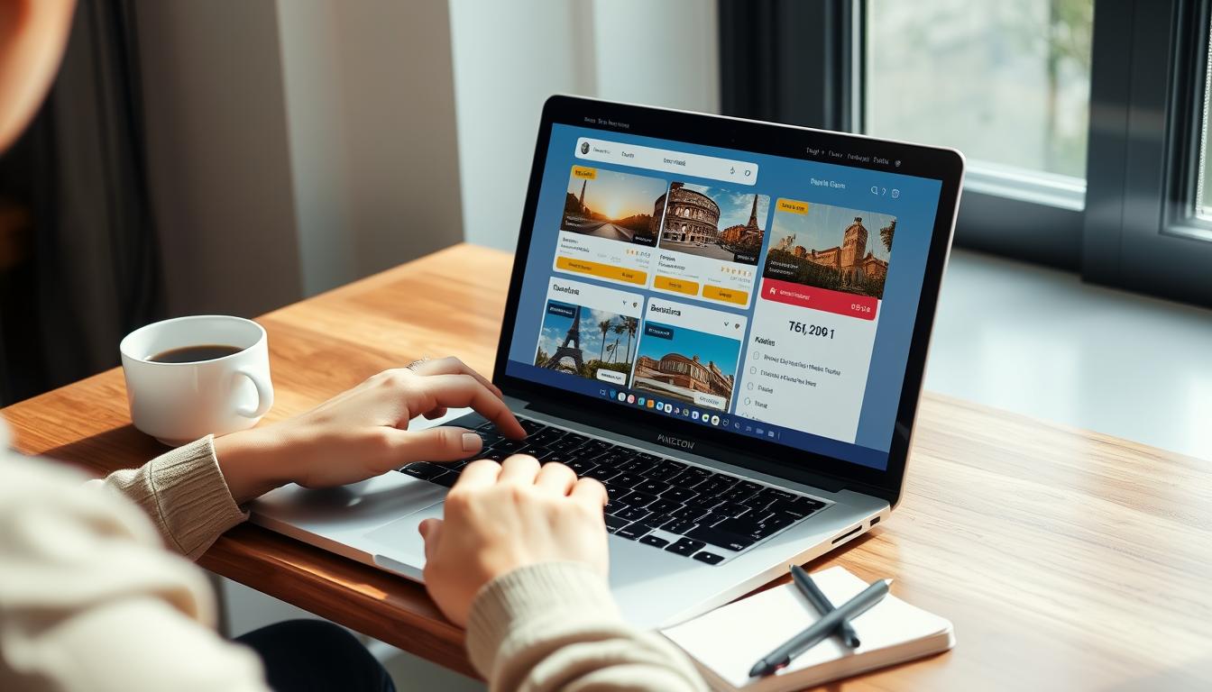 Person booking European travel on laptop showing multiple online travel agency websites
