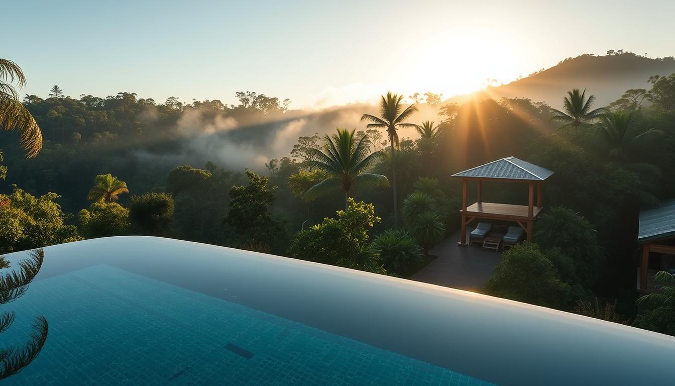Luxury wellness retreat with infinity pool overlooking tropical landscape