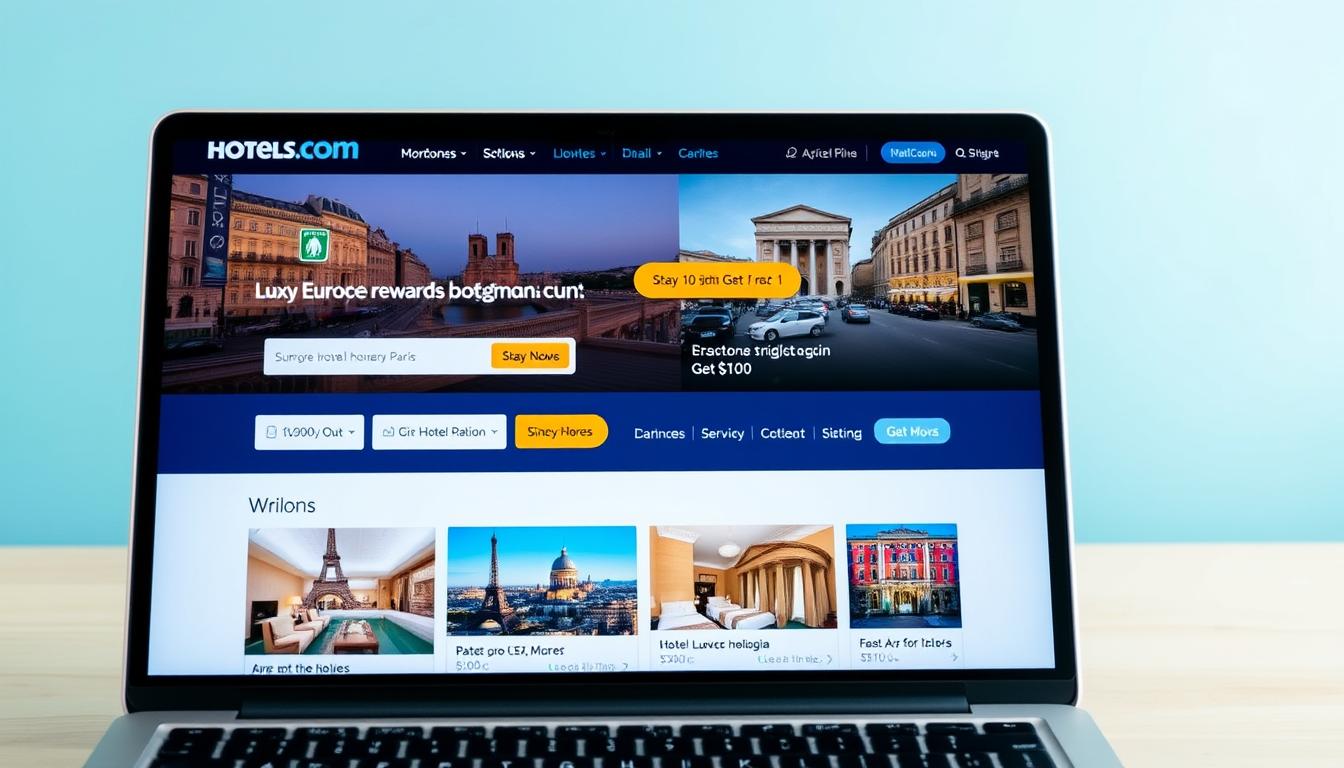 Hotels.com website showing European hotel listings and rewards program