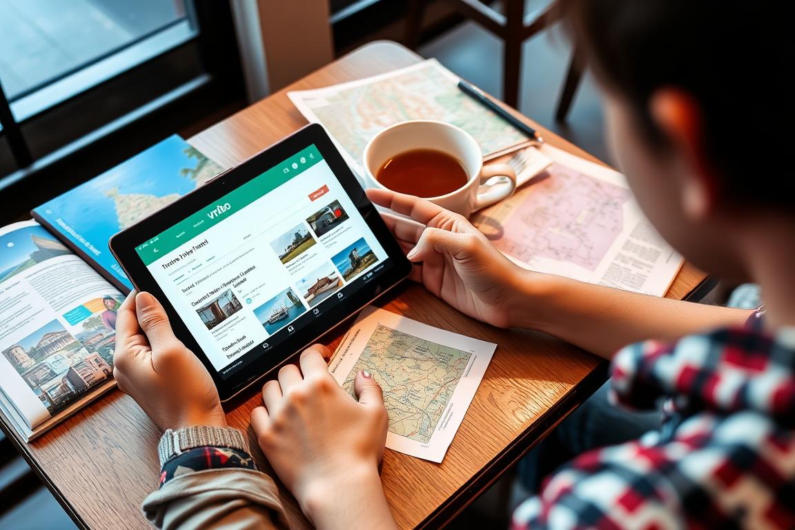 Traveler using local Vrbo counterpart on tablet while planning international vacation