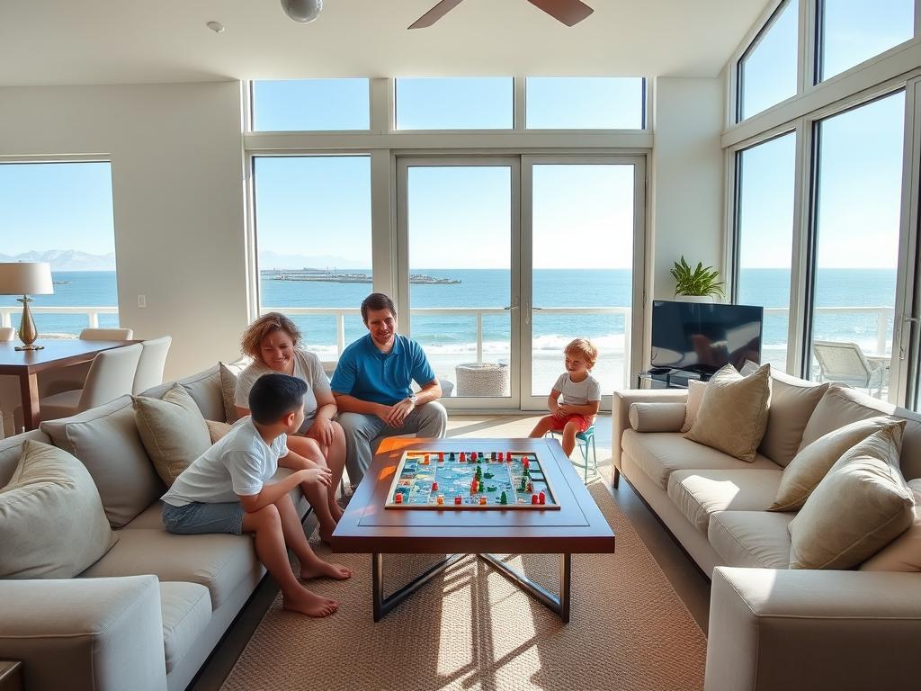 Family enjoying a Vrbo vacation rental with spacious living area and ocean view