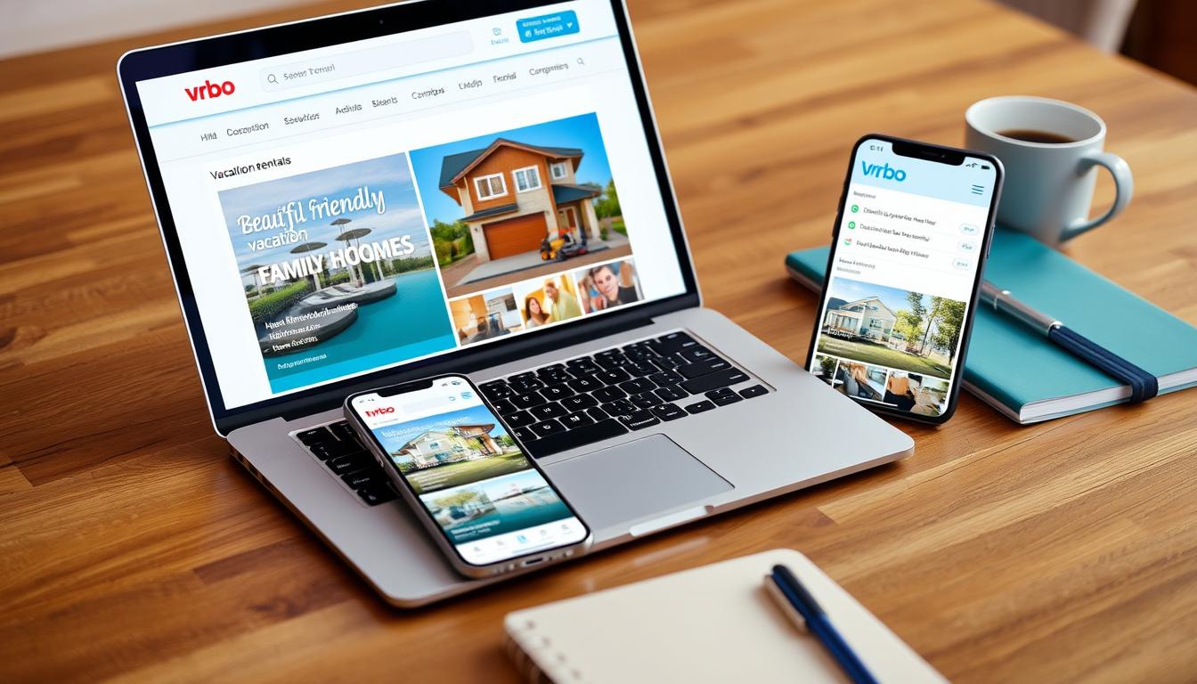 Vrbo vacation rental platform showing family-friendly properties on a laptop and mobile device