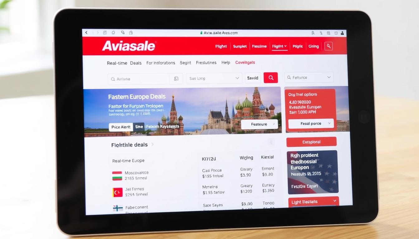 Aviasales interface showing real-time flight deals for Eastern European destinations