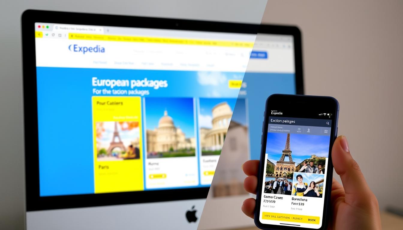 Expedia website showing European vacation packages and the mobile app interface