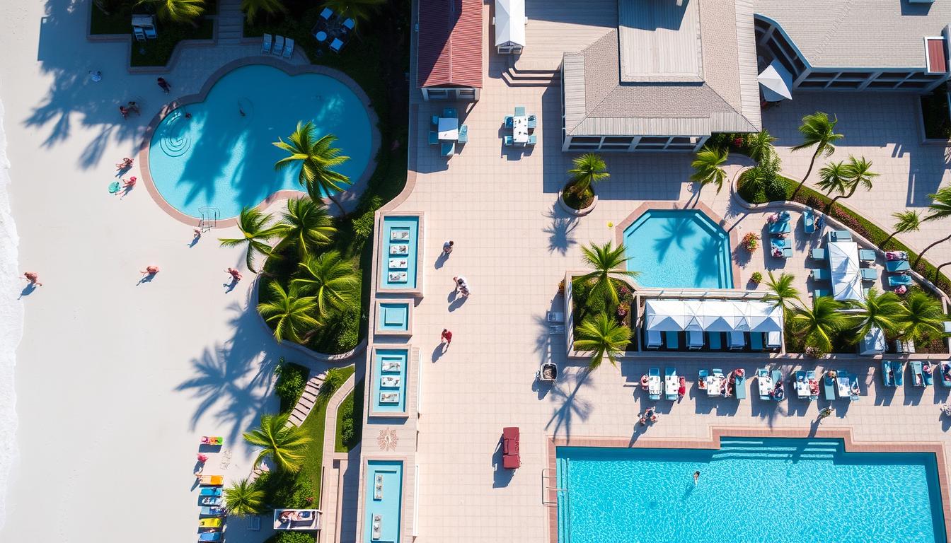 All-inclusive resort with pool, beach access, and dining options highlighting travel deals