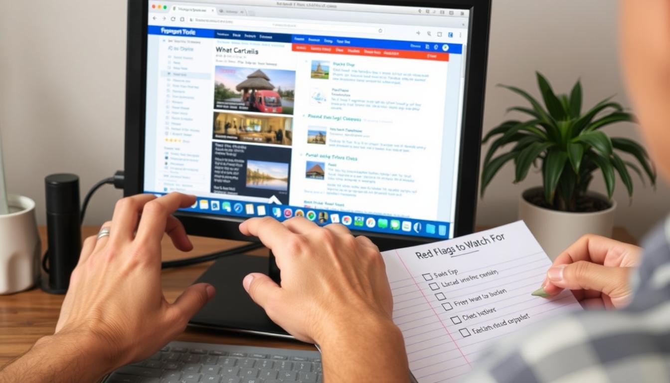 Person researching to avoid travel deal scams online