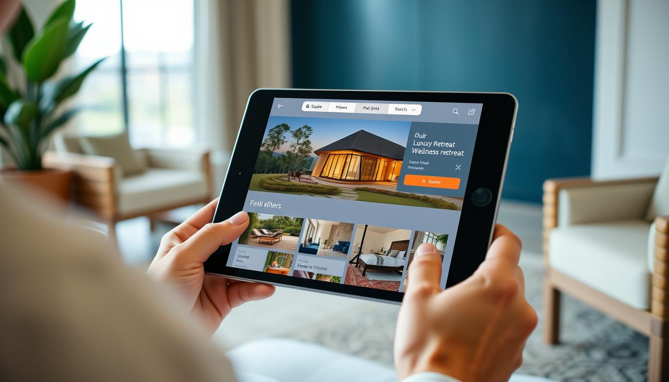 Digital booking of luxury wellness retreat on tablet device