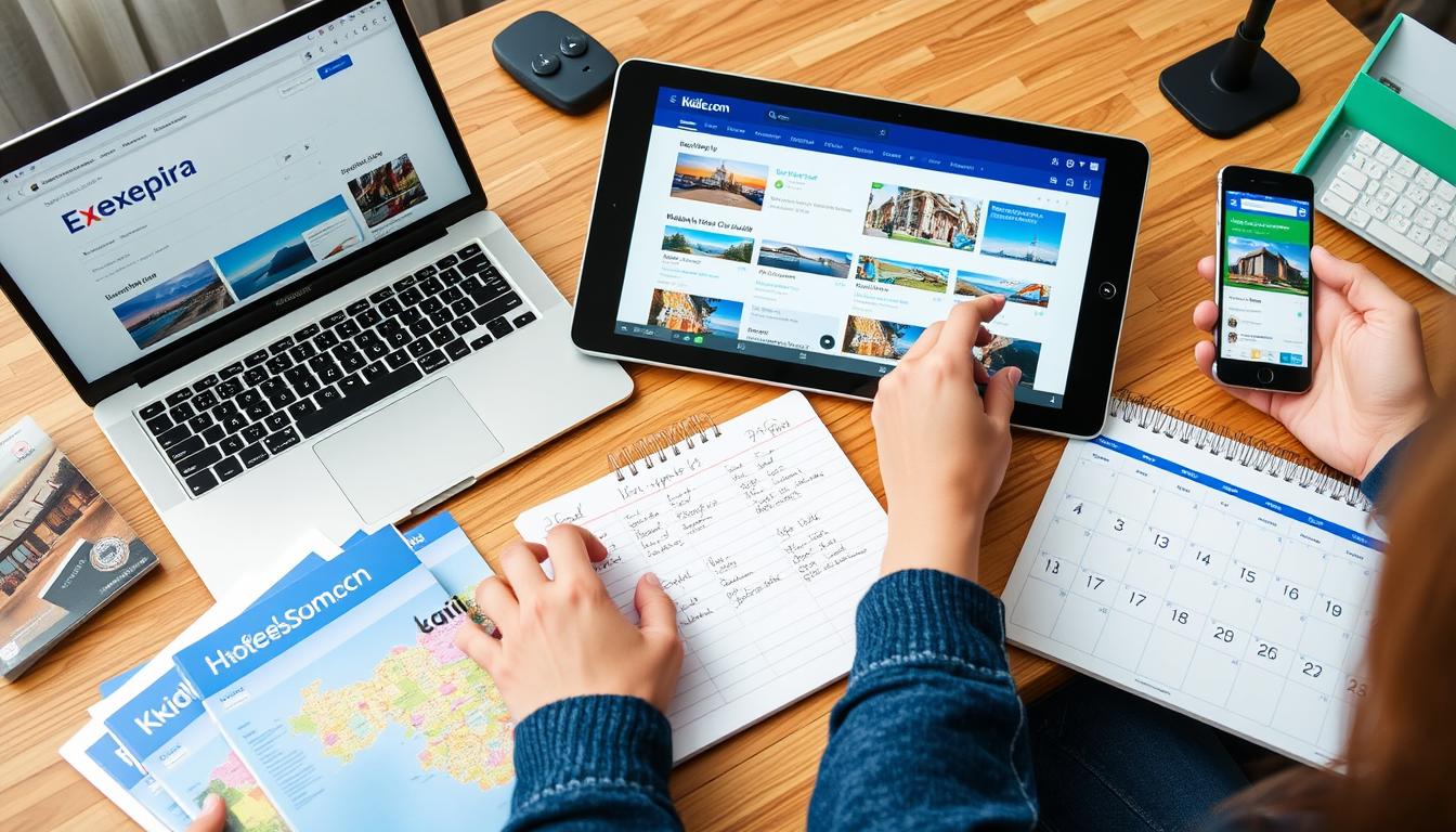 Person using multiple travel booking platforms to plan a European vacation