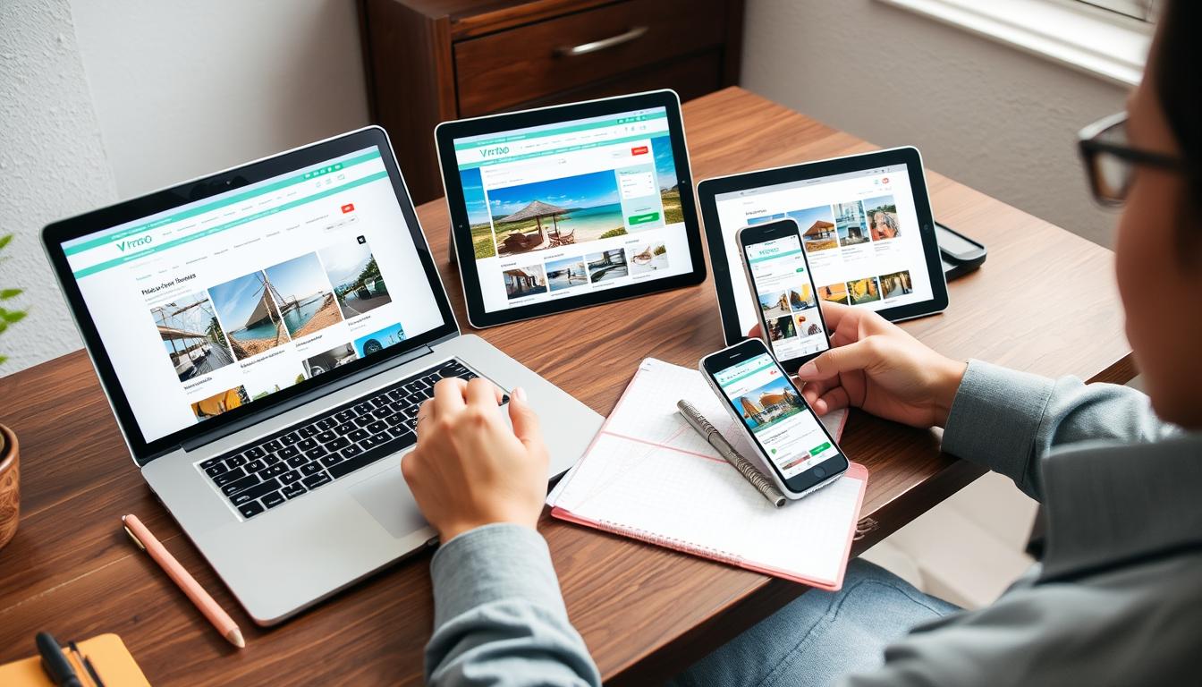 Person using multiple devices to compare Vrbo international platforms for vacation planning
