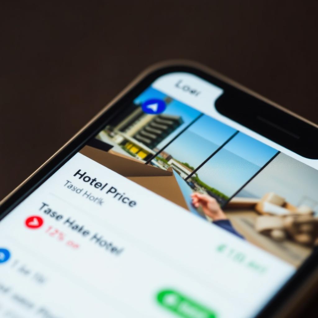Smartphone showing hotel price comparison app for finding travel deals