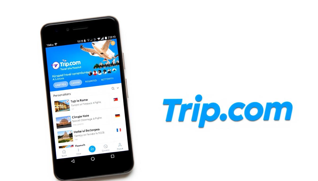 Trip.com interface showing AI recommendations and multilingual support for European destinations