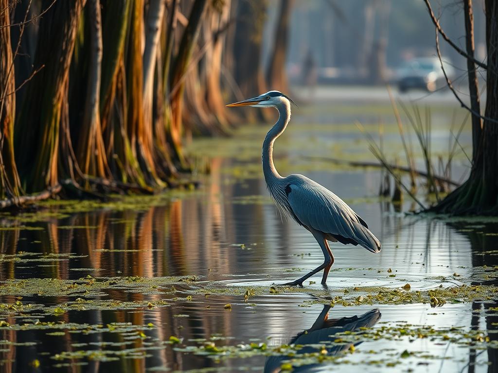 Great Blue Heron hunting in shallow waters of New Orleans swamp