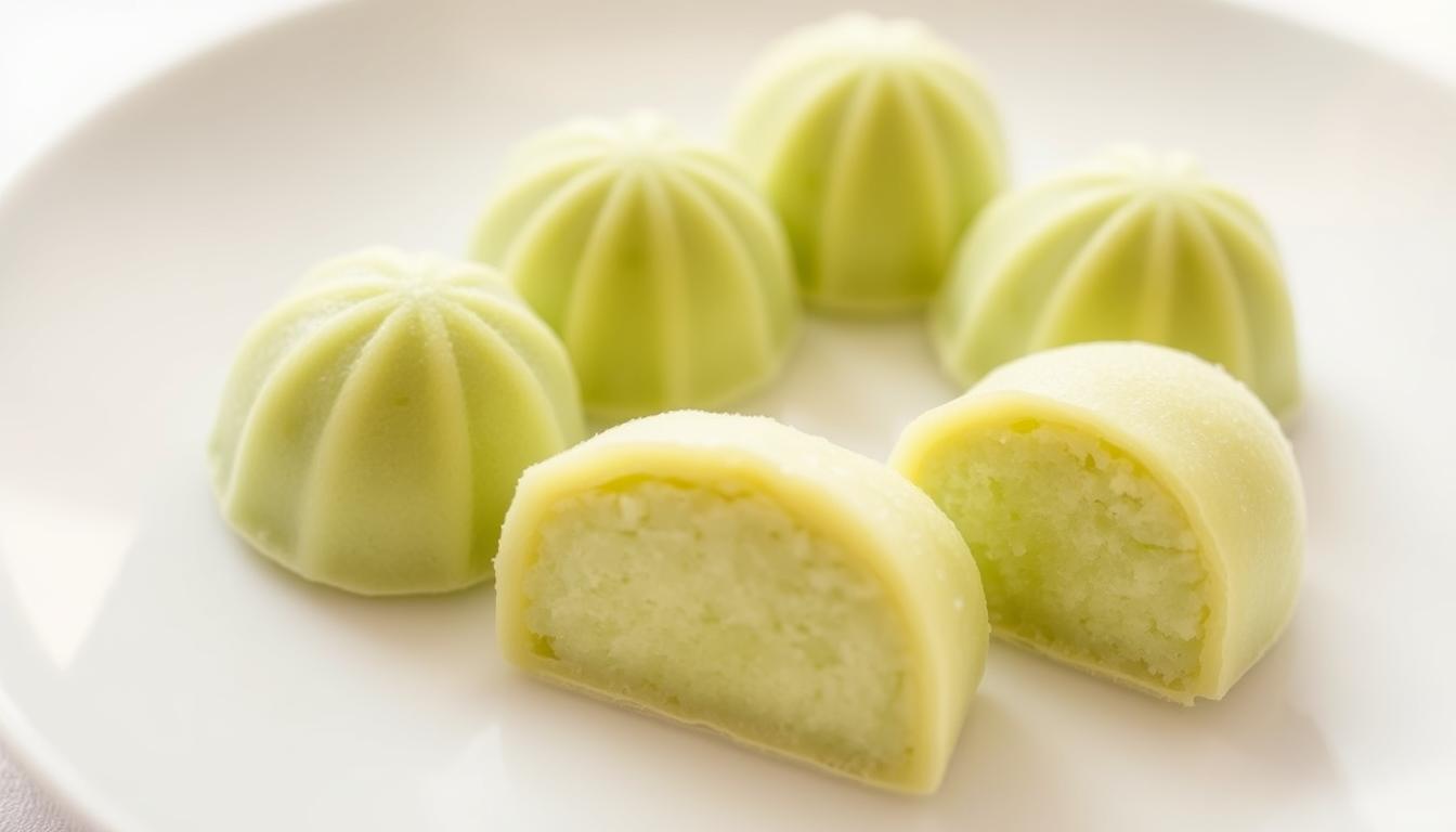 A plate of homemade green tea mochi, delicately crafted with a soft, chewy exterior and a smooth, subtly sweet interior. The mochi are arranged artfully, their vibrant green hue contrasting beautifully against the clean, minimalist white plate. Soft, diffused lighting from above casts a gentle glow, highlighting the intricate textures and natural shades of the mochi. The overall composition exudes a sense of simplicity and elegance, inviting the viewer to savor the delicate, authentic flavors of this traditional Japanese confection.