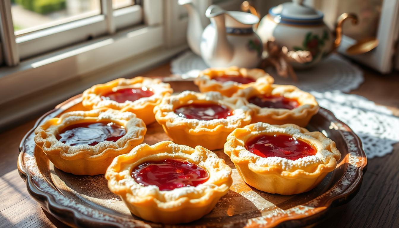A delightful arrangement of freshly baked jam tarts, their golden-brown crusts dusted with a light coating of powdered sugar. The tarts are arranged on a vintage serving tray, its weathered patina hinting at generations of cherished family gatherings. Sunlight filters through a nearby window, casting a warm, inviting glow and creating soft shadows that accentuate the tarts' alluring texture. In the background, a cozy tea set sits atop a lace-trimmed doily, conveying a sense of timeless British charm. The overall scene evokes a feeling of nostalgic comfort, perfectly capturing the essence of a beloved tea-time treat.