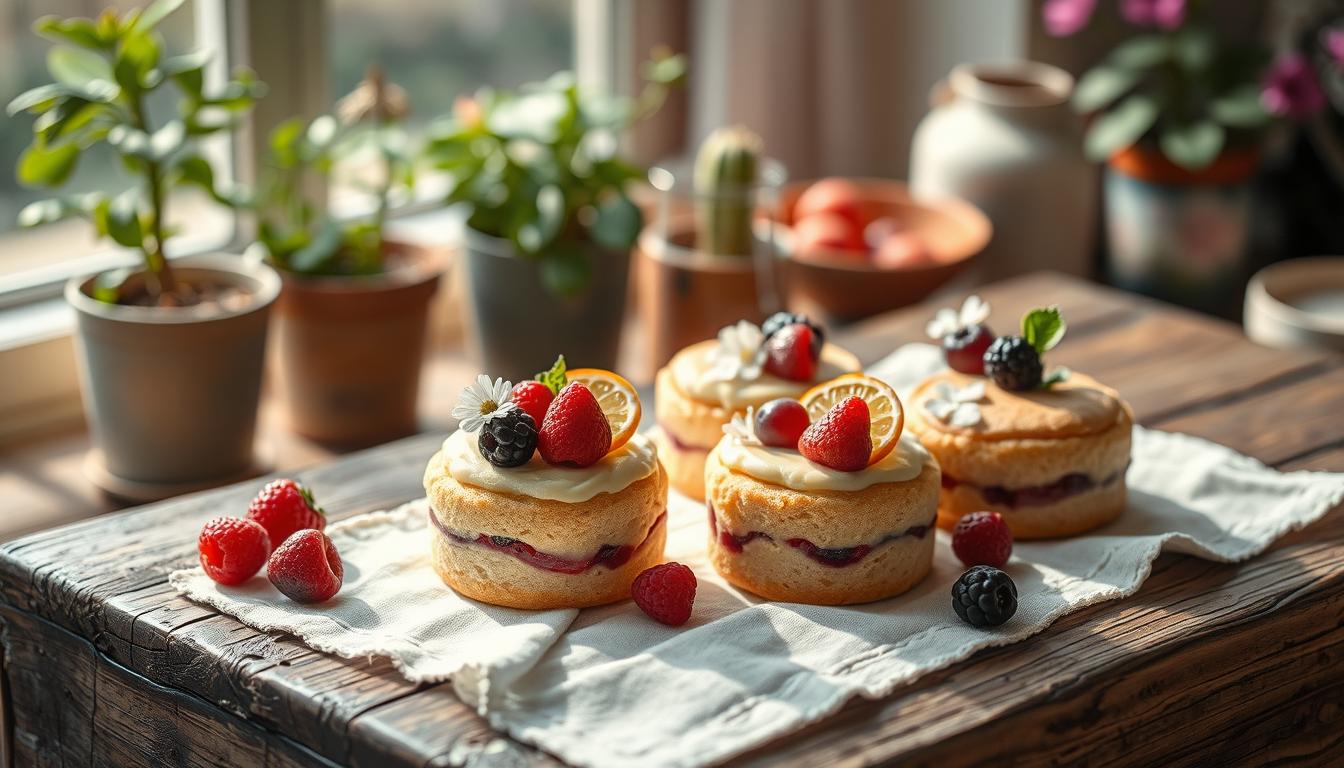 A delicate arrangement of fruit-infused tea cakes on a rustic wooden table, illuminated by soft, natural lighting and captured from a slightly elevated angle. The cakes, adorned with fresh berries, citrus slices, and delicate flowers, sit atop a crisp, white linen cloth, creating a visually appealing and appetizing scene. The background features a hazy, out-of-focus arrangement of potted plants and a cozy, inviting atmosphere, transporting the viewer to a serene, tranquil tea time setting.