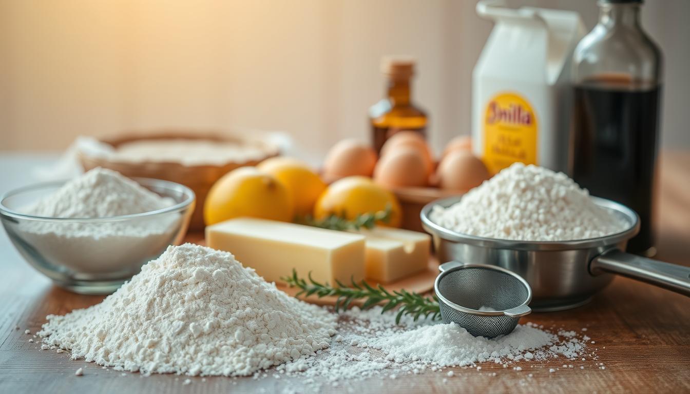 A close-up shot of a wooden table, bathed in warm, natural lighting. In the foreground, a collection of essential baking ingredients is neatly arranged: a bowl of all-purpose flour, a pile of granulated sugar, a stick of butter, a carton of fresh eggs, a bottle of vanilla extract, and a sifter. In the middle ground, a few ripe, juicy lemons and a sprig of fresh thyme add a touch of culinary elegance. The background is softly blurred, creating a sense of focus and simplicity, emphasizing the importance of these basic elements for crafting delightful, homemade tea time cakes.