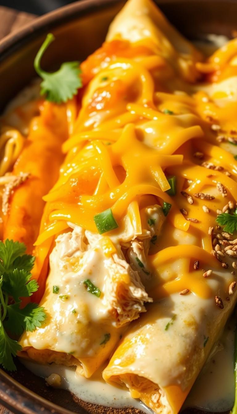 Luscious green chile-infused rotisserie chicken enchiladas, nestled in a creamy white sauce and blanketed with melted cheddar cheese. The tortillas are golden-brown and crisp at the edges, their gentle folds hugging the tender shredded chicken. Vibrant green chiles and a hint of spice add depth of flavor, while the gooey cheese topping gives each bite a satisfying, indulgent texture. Warm lighting casts a cozy glow, casting soft shadows that accentuate the enchiladas' rustic homemade appearance. A side of fresh cilantro and a sprinkle of toasted cumin seeds complete the mouthwatering scene, inviting the viewer to dive into this comforting Southwestern-inspired dish.