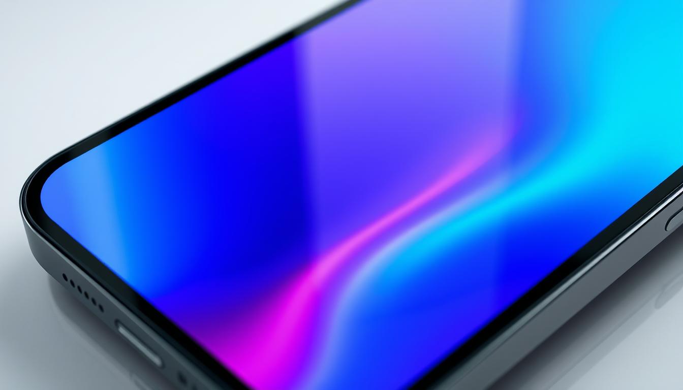 A stunning, high-resolution close-up render of the iPhone 16 Pro display. The screen is vividly detailed, showcasing the vibrant, true-to-life colors and razor-sharp OLED panel. Lighting is soft and diffused, creating a clean, professional look. The angle is slightly tilted to capture the sleek, curved edges of the display. The background is blurred, keeping the focus entirely on the mesmerizing screen. The overall atmosphere is one of sophistication and technological advancement, perfectly complementing the section on the display and visual experience.