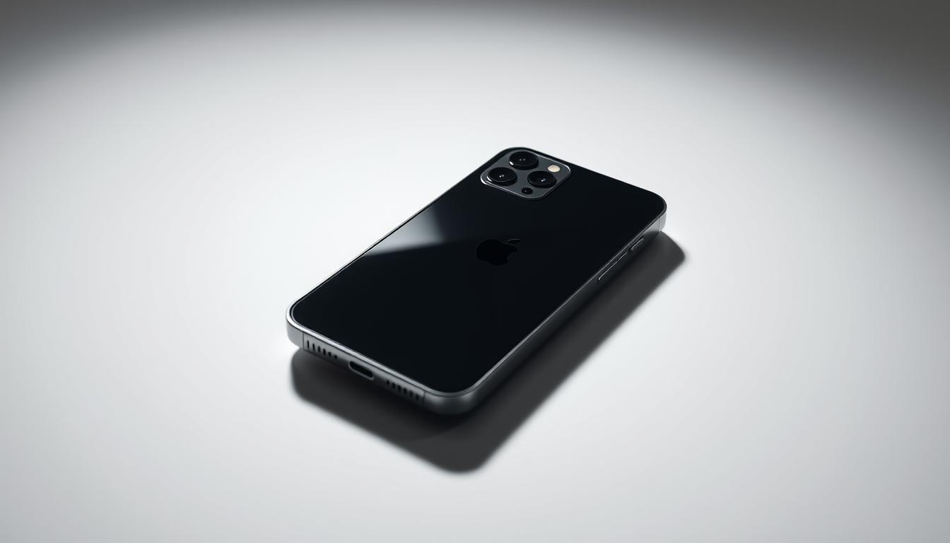 iPhone 16 Pro Max Titânio, a sleek and powerful device with a titanium unibody design. The phone sits on a minimalist white backdrop, the camera module and stainless steel frame gleaming under precisely angled studio lighting. Subtle reflections dance across the screen, hinting at the lightning-fast A18 Pro chip powering seamless performance. The device is captured from a low, three-quarter angle, emphasizing its premium feel and commanding presence. The composition draws the viewer's eye to the phone's core features, inviting exploration of its technological prowess. An elegant, high-contrast image that captures the essence of this flagship device.
