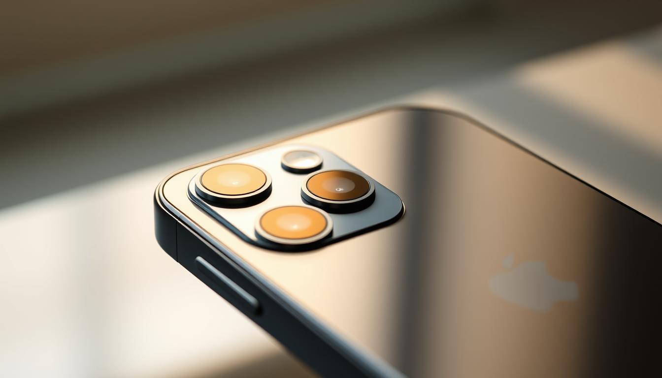 A detailed close-up view of the latest iPhone 16 Pro, showcasing its advanced artificial intelligence capabilities. Sleek and metallic in a midnight black finish, the device's display is illuminated with a warm, natural lighting that accentuates its cutting-edge design. The camera module stands out prominently, hinting at the powerful AI-driven image processing within. The background is softly blurred, placing the focus entirely on the iPhone's sophisticated features and intelligent functionality.