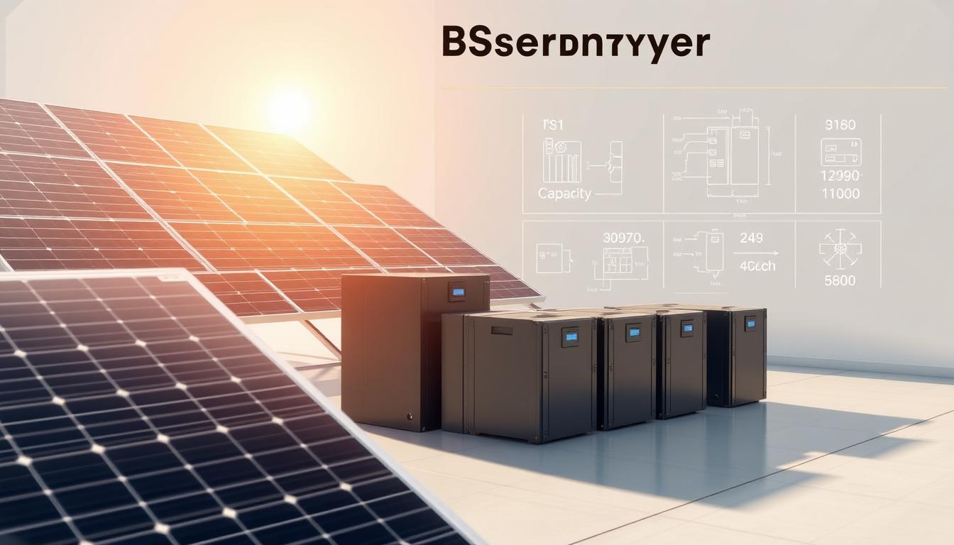 A detailed infographic showcasing a solar battery system, capturing its key sizing and capacity metrics. In the foreground, a large solar panel array casts warm, natural lighting across the scene. In the middle ground, a series of sleek, state-of-the-art battery units are neatly arranged, their capacities and technical specifications clearly visible. The background features a clean, minimalist environment, with subtle grid lines and technical diagrams providing context. The overall composition conveys a sense of precision, efficiency, and the practical application of renewable energy technology.