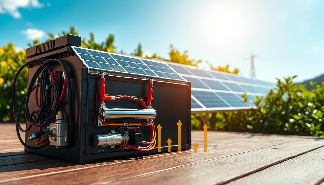 A solar battery bank resting on a wooden deck, surrounded by lush greenery and a clear blue sky. The battery cells gleam under the warm, natural lighting, their metallic surfaces reflecting the sun's rays. The foreground focuses on the intricate wiring and connections, showcasing the technical complexity of the system. In the middle ground, the battery bank's capacity is visually represented through a graduated scale, indicating the power storage levels. The background features a minimalist landscape, emphasizing the sustainability and off-grid potential of the solar battery setup. The overall composition conveys a sense of balance, efficiency, and the importance of properly sizing a solar battery system.