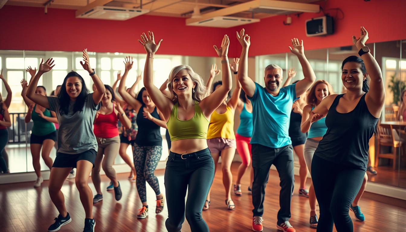 pessoas dança e saúde juntas em aula de Zumba