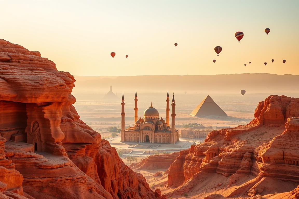 A sweeping panoramic view of the most iconic vacation destinations in the Middle East, captured under the warm glow of a golden hour sunset. In the foreground, the stunning Petra carved into rose-red sandstone cliffs, with ancient temples and architecture emerging from the shadows. In the middle ground, the grand mosque of Dubai with its towering minarets and glittering domes, set against a backdrop of gleaming skyscrapers. Beyond, the majestic pyramids of Giza rising majestically from the sands, with a fleet of hot air balloons drifting peacefully overhead. The scene is infused with a sense of timeless wonder and cultural richness, inviting the viewer to explore the captivating allure of the region.