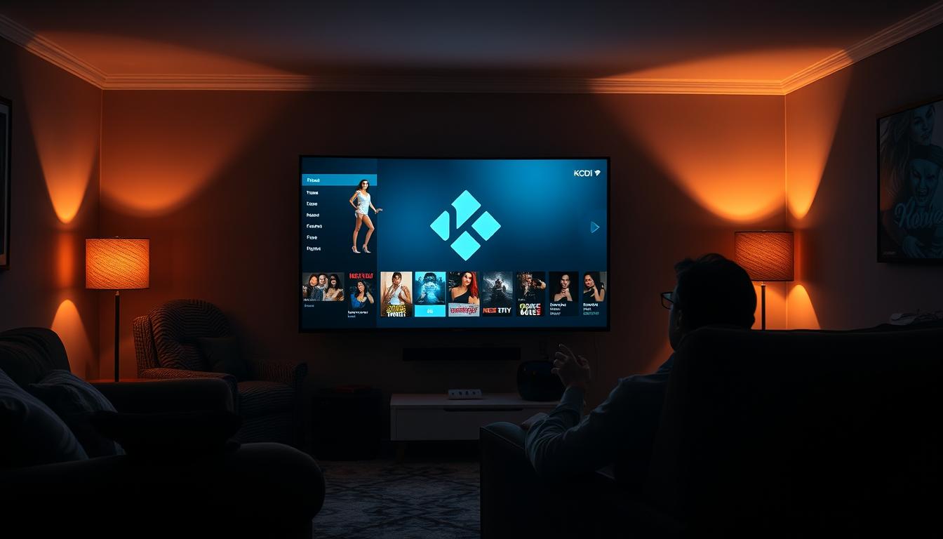 A dimly lit room, the warm glow of a large television screen casting shadows across the walls. On the screen, a user interface with the Kodi logo prominently displayed, surrounded by a variety of adult content addons. The room is cozy, with plush furniture and subtle lighting, creating an atmosphere of comfort and privacy. The user is seated in a recliner, immersed in the vast array of adult entertainment options available at their fingertips through the Kodi platform. The image conveys the idea of Kodi as the ultimate destination for adult content, offering a seamless and discreet viewing experience in the comfort of one's own home.