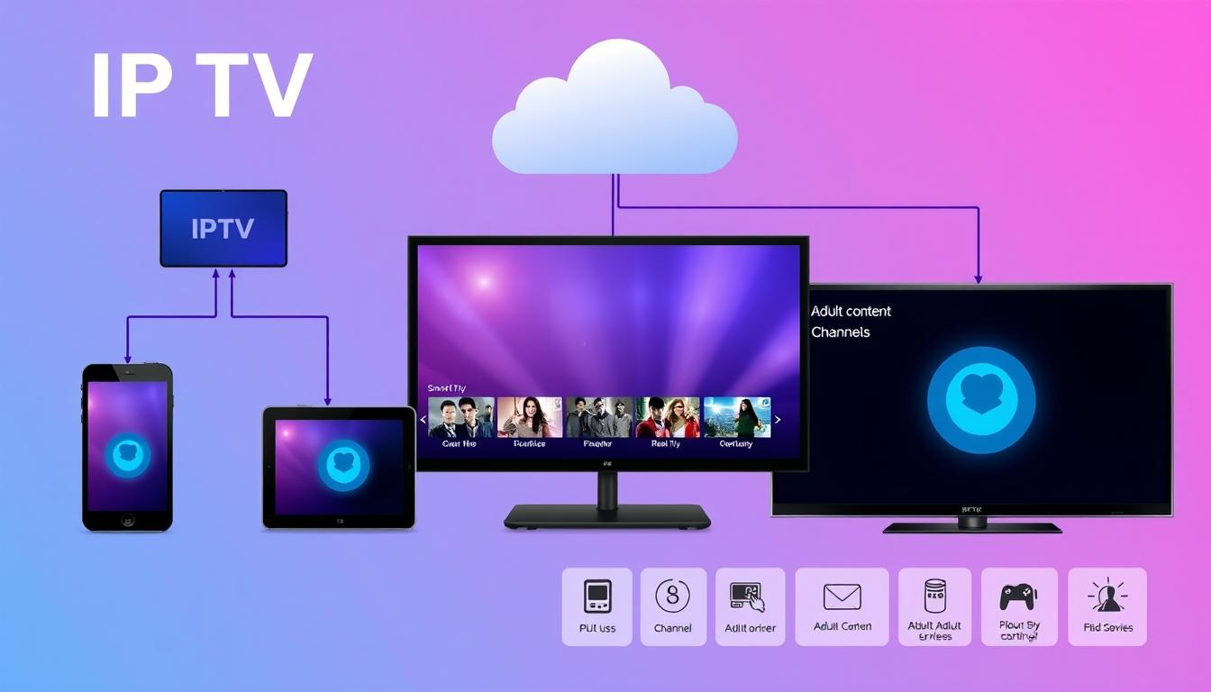 IPTV streaming concept showing multiple devices connected to streaming service with adult content section highlighted