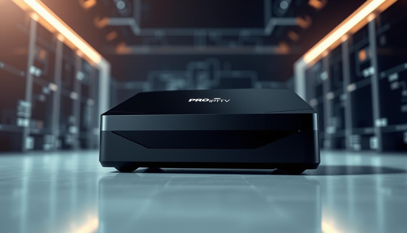 A sleek, modern IPTV box with the PRO IPTV brand name displayed prominently on the front panel. The device is rendered in a high-quality 3D style, showcasing its polished black casing and angular design. The lighting is soft and diffused, creating a sense of sophistication. The camera angle captures the box at a slightly elevated perspective, highlighting its robust and substantial appearance. In the background, a blurred technology-inspired environment with subtle grid patterns and subtle lighting effects, creating a high-tech ambiance. The overall scene conveys the impression of a premium, cutting-edge IPTV device capable of delivering an exceptional streaming experience.