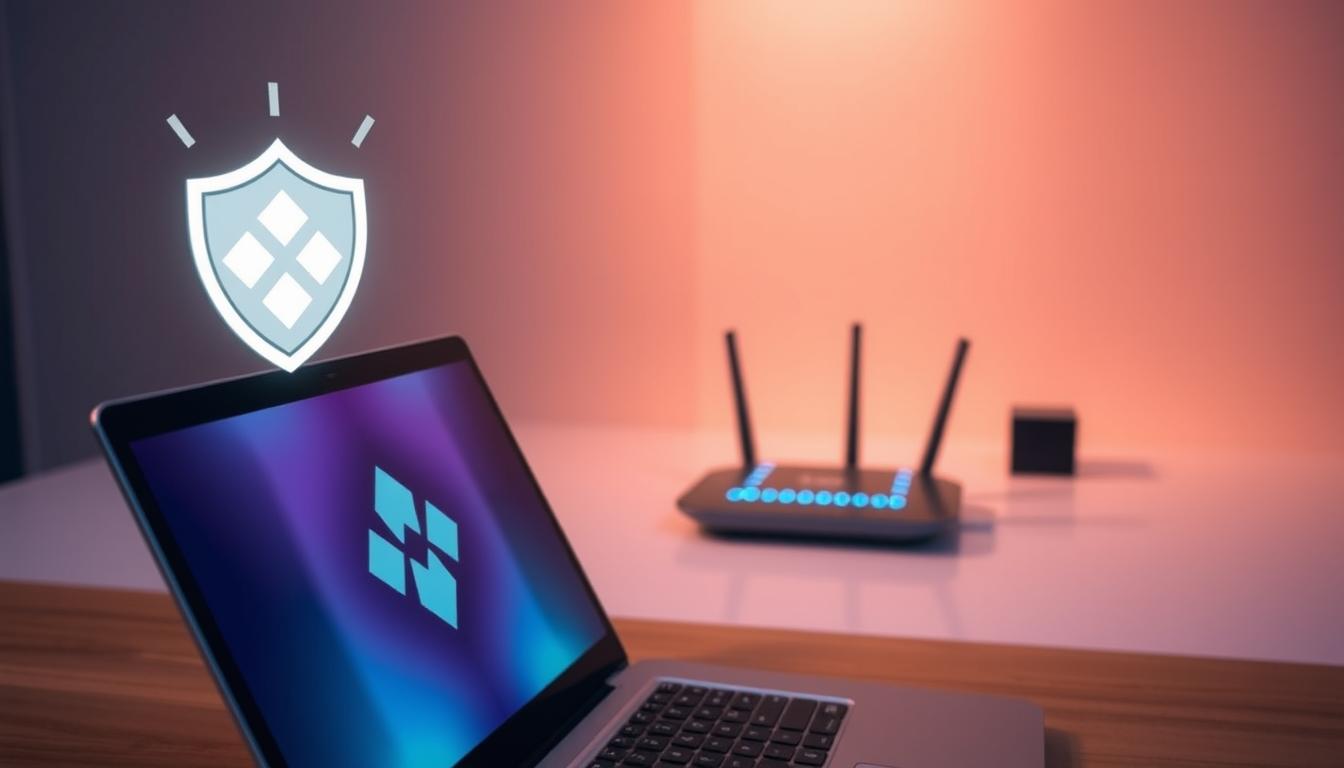 Kodi VPN setup: a secure and private digital sanctuary. In the foreground, a laptop displays the Kodi logo, its vibrant colors evoking the promise of boundless entertainment. Hovering above, a VPN connection icon symbolizes the protective shield shielding user privacy. The middle ground features a sleek, modern router, its pulsing lights signaling the secure network connection. In the background, a serene, minimalist workspace with clean lines and muted tones, creating a calming, focused atmosphere for the Kodi VPN setup process. Soft, diffused lighting casts a warm, inviting glow, guiding the user towards a seamless, worry-free Kodi experience.