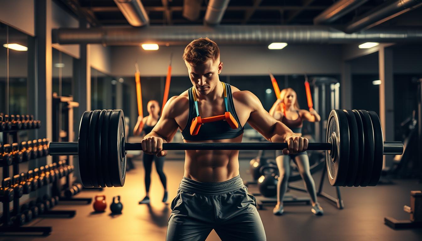 A well-lit, high-contrast gym interior with a focused athlete performing a series of strength training exercises. In the foreground, a muscular individual, wearing a fitted top and shorts, grips a barbell and performs a powerful deadlift. In the middle ground, two people engage in resistance band workouts, their forms accentuated by dramatic lighting. The background features fitness equipment like dumbbells, kettlebells, and a rowing machine, all bathed in a warm, energetic glow. The overall atmosphere conveys a sense of determination, progress, and the transformative power of strength training for effective weight loss.