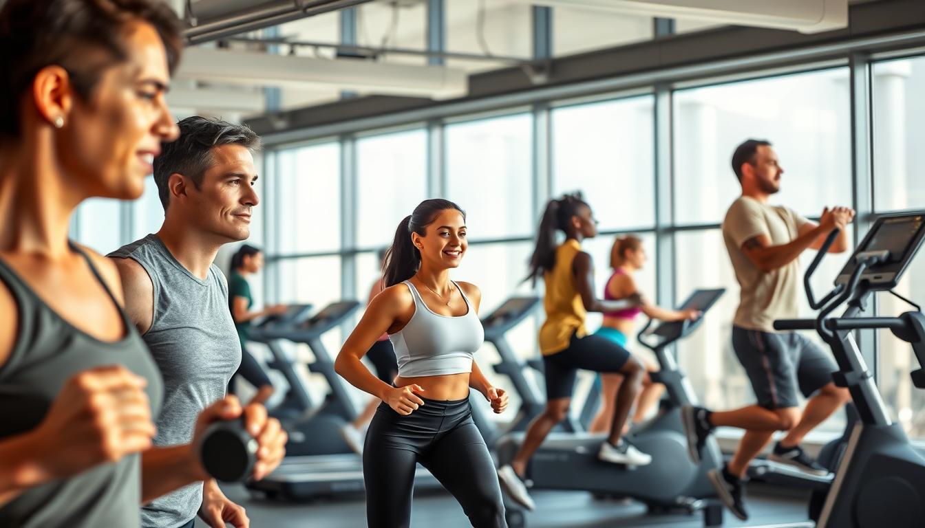 A group of diverse individuals engaged in a variety of high-intensity fat-burning exercises in a modern, well-equipped gym. The foreground features a person performing burpees, a woman lifting weights, and a man doing jumping jacks, all with a focused and determined expression. The middle ground includes people on treadmills, exercise bikes, and stair climbers, creating a sense of a dynamic, energetic workout environment. The background showcases floor-to-ceiling windows, allowing natural light to flood the space and creating a bright, airy atmosphere. The overall mood is one of motivation, progress, and a shared commitment to achieving fitness goals.