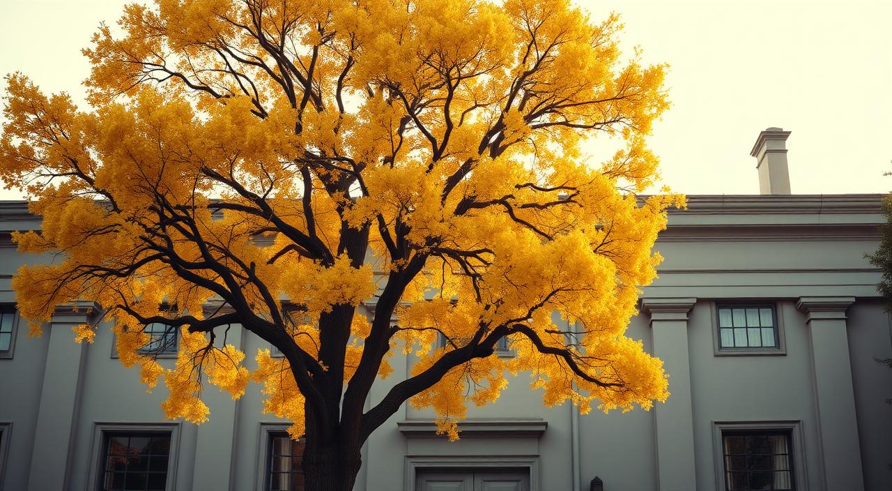 A serene, gray façade stands tall, its muted tones a harmonious backdrop for the majestic golden oak tree in the foreground. Soft, natural light filters through the leaves, casting a warm, golden glow across the scene. The elegant, clean lines of the building's architecture are complemented by the organic, flowing shapes of the tree's branches, creating a captivating interplay of textures and hues. The overall atmosphere exudes a sense of tranquility and sophistication, inviting the viewer to pause and appreciate the elegant balance of this harmonious composition.