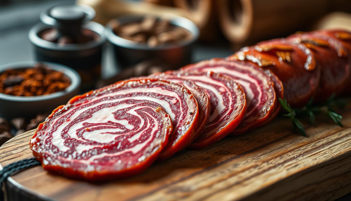 A mouth-watering slice of premium beef salami, nestled on a rustic wooden board. The salami's deep red hue and intricate marbling are showcased under soft, warm lighting, casting gentle shadows that accentuate its handcrafted texture. In the background, a subtly blurred array of spices and herbs, hinting at the rich, savory flavors within. The composition evokes a sense of artisanal craftsmanship and the careful storage required to preserve the salami's peak freshness. Captured with a shallow depth of field, the image draws the viewer's eye to the succulent, thinly sliced salami, inviting them to savor its quality and experience.