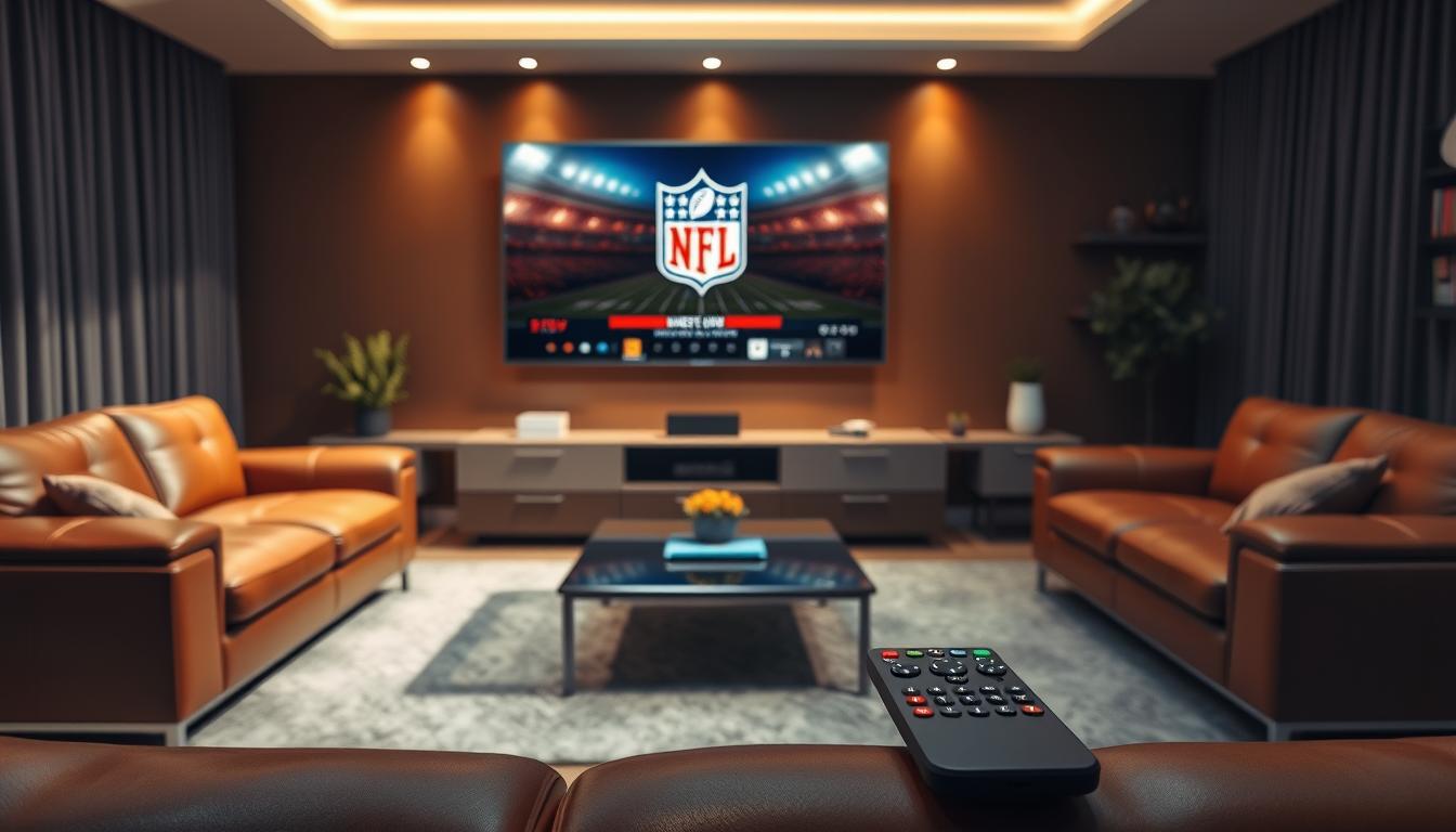A digital living room with a modern entertainment setup, a large TV screen displaying an IPTV interface showcasing the NFL logo and gameplay, surrounded by leather couches and minimalist decor. The room is bathed in warm, soft lighting, creating a cozy and immersive atmosphere. In the foreground, a high-end remote control and a streaming device, hinting at the advanced technology enabling the IPTV experience. The overall scene conveys the idea of an NFL fan enjoying seamless, affordable access to their favorite games from the comfort of their home.