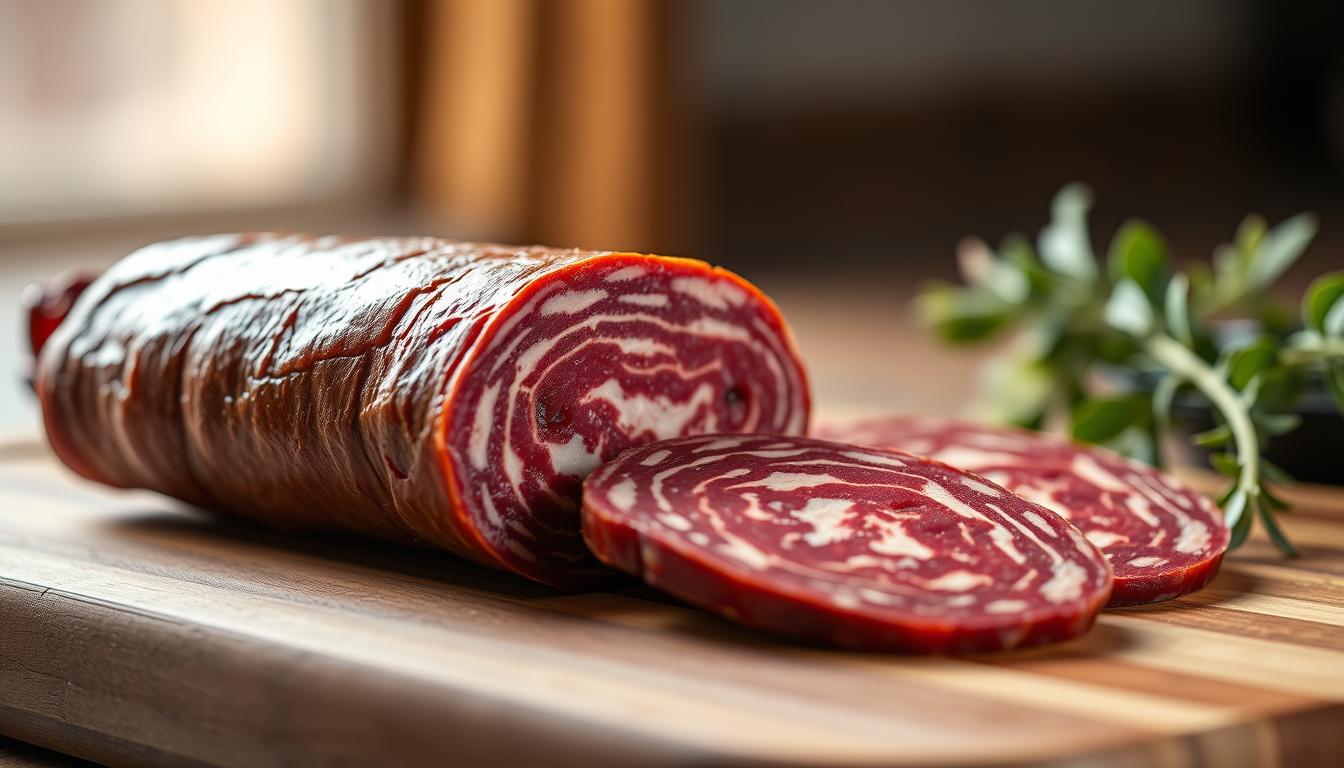 High-quality beef salami, carefully cured and aged to perfection, resting on a wooden cutting board. The rich, mahogany-colored exterior gives way to the delicate marbling within, hinting at the complex flavors to be savored. Soft lighting from the side accentuates the smooth texture and glistening surface, while a shallow depth of field keeps the focus on the star of the scene. The scene exudes an air of rustic sophistication, inviting the viewer to imagine the satisfying experience of slicing into this artisanal delicacy.