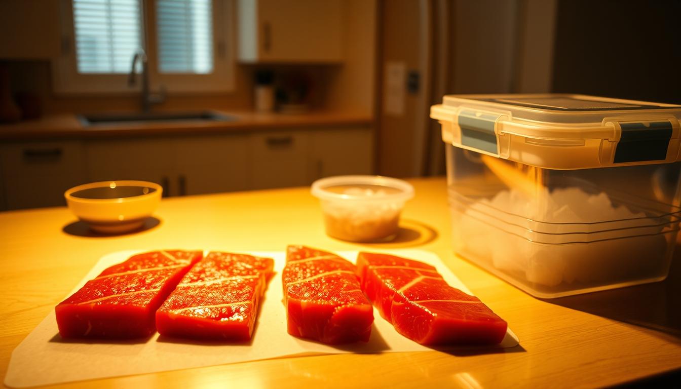 A kitchen counter with a cutting board, fresh tuna steaks, a bowl of ice, and a sealed container. Warm lighting illuminates the scene, casting a golden glow. The tuna steaks are meticulously arranged, their vibrant colors and textures inviting. In the background, a minimalist interior with clean lines and neutral tones, creating a serene, organized atmosphere. The image conveys the importance of proper storage techniques to preserve the quality and freshness of tuna steaks, perfectly aligning with the section title "Storing Tuna Steaks for Optimal Freshness".