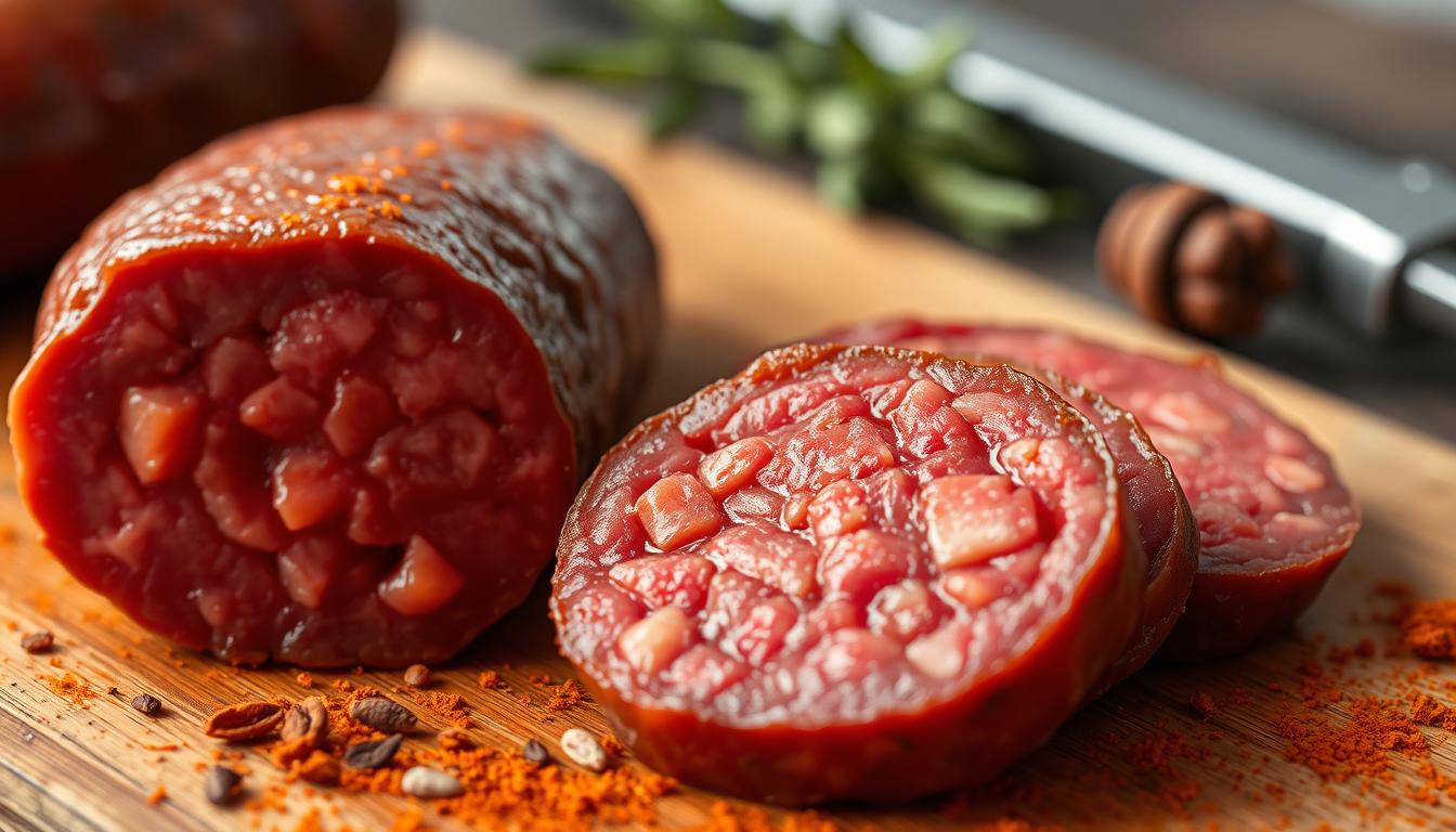 A close-up shot of a juicy, glistening piece of beef chorizo sausage, freshly sliced to reveal its vibrant red interior. The sausage is placed on a rustic wooden cutting board, surrounded by a light scattering of warm, earthy spices such as paprika, cumin, and oregano. Soft, natural lighting casts a gentle glow, highlighting the intricate texture and subtle marbling of the meat. The overall scene conveys a sense of artisanal craftsmanship and the rich, authentic flavors of this unique meat product.
