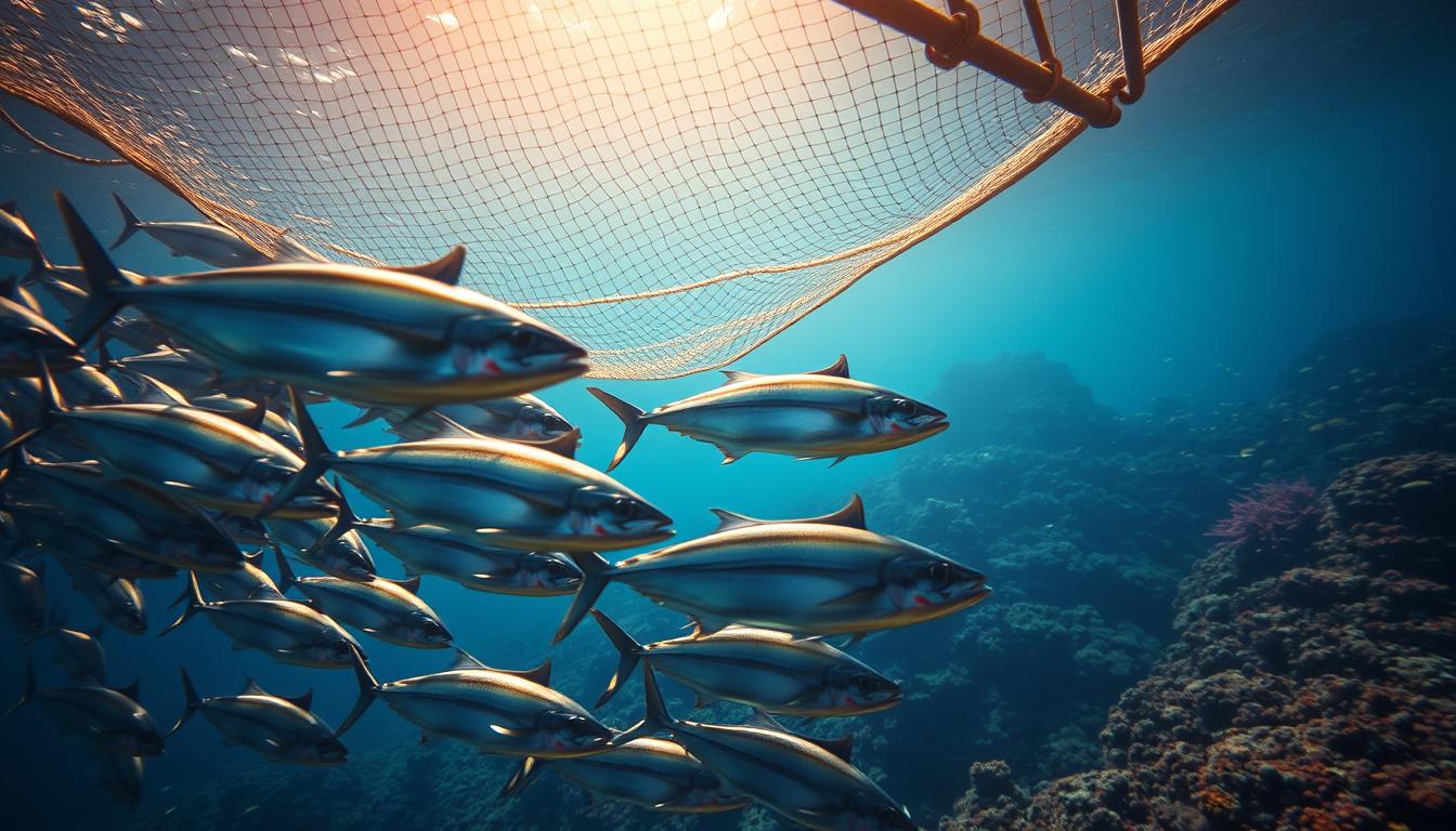 A vibrant underwater scene depicting the impact of sustainability on tuna prices. In the foreground, a school of tuna swim gracefully, their silvery scales glistening in the warm, filtered sunlight. The middle ground showcases a fisherman's net, symbolizing the balance between sustainable fishing practices and market demands. In the background, a lush coral reef teeming with diverse marine life, representing the delicate ecosystem that supports the tuna population. The lighting is soft and natural, capturing the serene, yet slightly muted, atmosphere of this underwater world. The overall composition conveys the interdependence between environmental conservation and economic factors affecting tuna prices.
