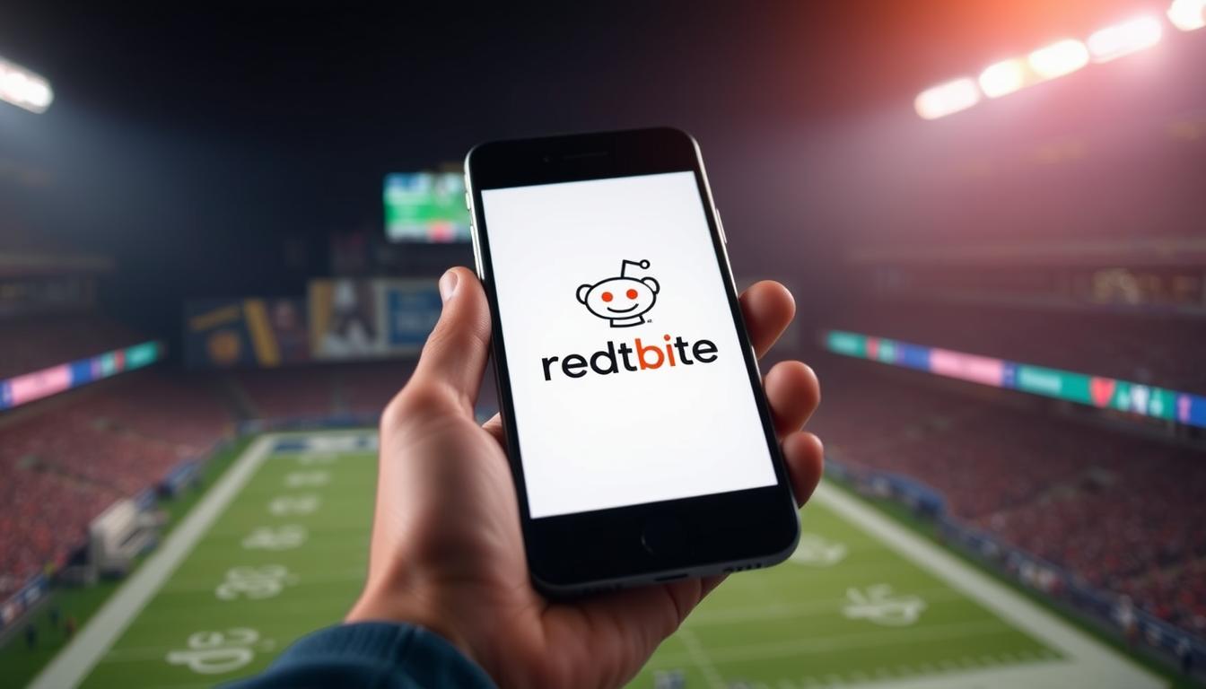 A crisp, well-lit image of a smartphone displaying the iconic NFL Reddit Bite logo on its screen. The device is held in the foreground, with a blurred background showcasing a sports stadium or arena in the distance, hinting at the NFL context. The screen's display features a clean, minimalist design, highlighting the seamless integration of the Reddit Bite platform with the world of professional football. The overall composition conveys a sense of convenience, accessibility, and the revolutionary impact of this innovative streaming solution for NFL fans on a budget.
