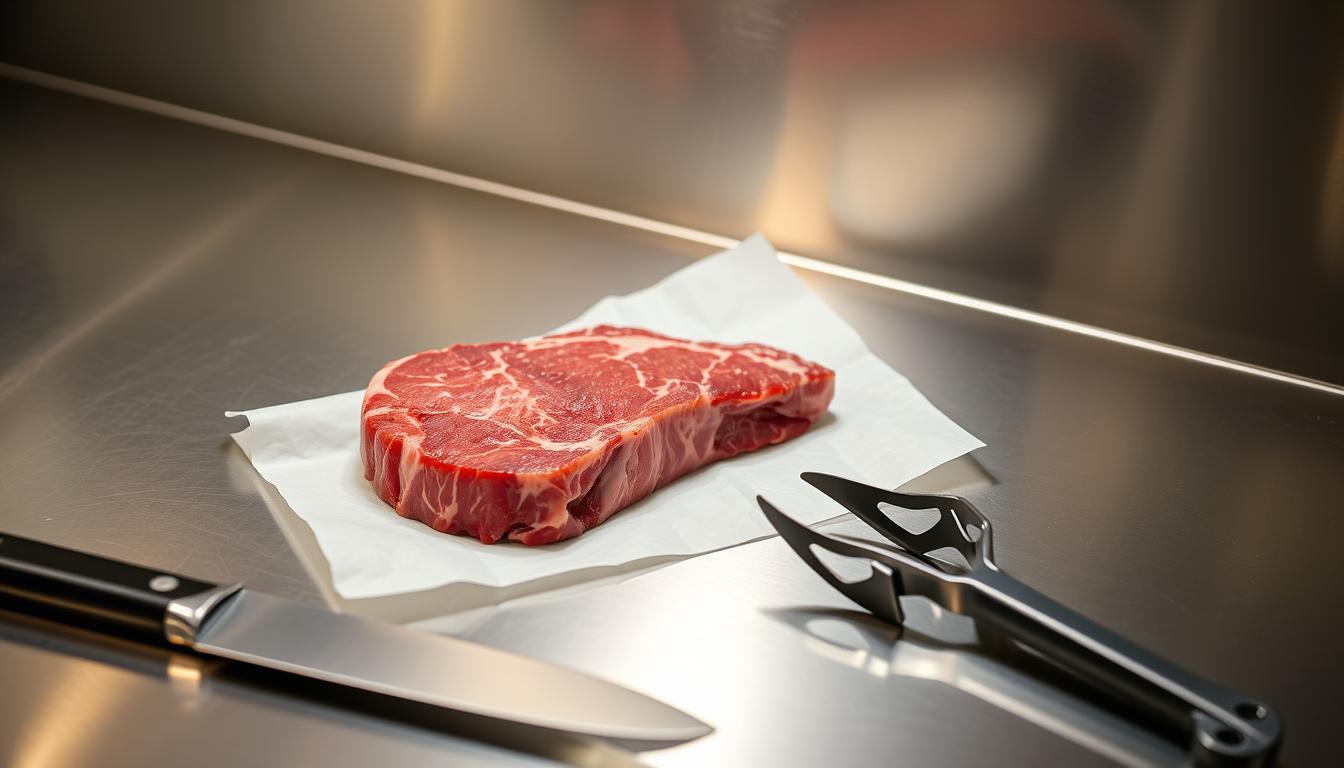 A stainless steel kitchen counter, its surface clean and pristine, serves as the backdrop for a carefully arranged display of a freshly cut chuck eye steak. The steak, its marbled texture and rich, reddish-brown hue visible, rests atop a crisp, white butcher paper, its edges neatly folded to create a simple, yet elegant presentation. Soft, diffused lighting from above casts a warm glow, highlighting the steak's texture and bringing out the depth of its color. In the foreground, a sharp chef's knife and a pair of sturdy kitchen tongs stand ready, hinting at the next steps in the process of properly storing and preparing this prized cut of beef.