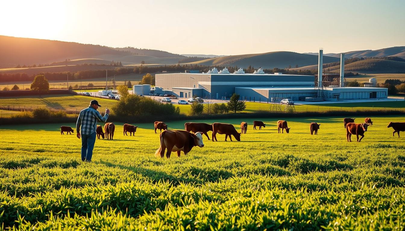 A lush, verdant pasture stretches out, dotted with grazing cattle. In the foreground, a farmer carefully inspects the health and welfare of the animals, ensuring sustainable practices. Behind them, a state-of-the-art processing facility stands, its sleek, modern design a testament to the industry's commitment to responsible sourcing. Warm, natural lighting filters through the scene, casting a golden glow that highlights the rich, earthy tones of the landscape. In the distance, rolling hills and a clear blue sky create a sense of tranquility and harmony, reflecting the balance between sustainable agriculture and environmental preservation.
