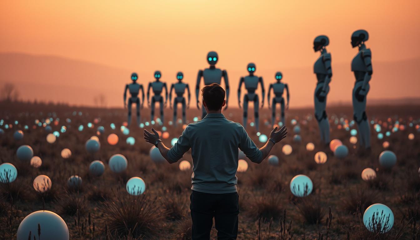 A serene, warm-toned landscape with a human figure standing amidst a field of interactive AI constructs. The figure is in the foreground, facing the viewer, hands outstretched in a welcoming gesture. Surrounding the person are spheres, cubes, and other geometric forms that respond dynamically to their presence, pulsing with soft, ambient light. In the middle ground, a row of towering, humanoid AI agents stand in thoughtful contemplation, their expressions conveying a sense of collaboration and understanding. The background fades into a hazy, dreamlike horizon, suggesting a harmonious coexistence between humanity and advanced artificial intelligence.