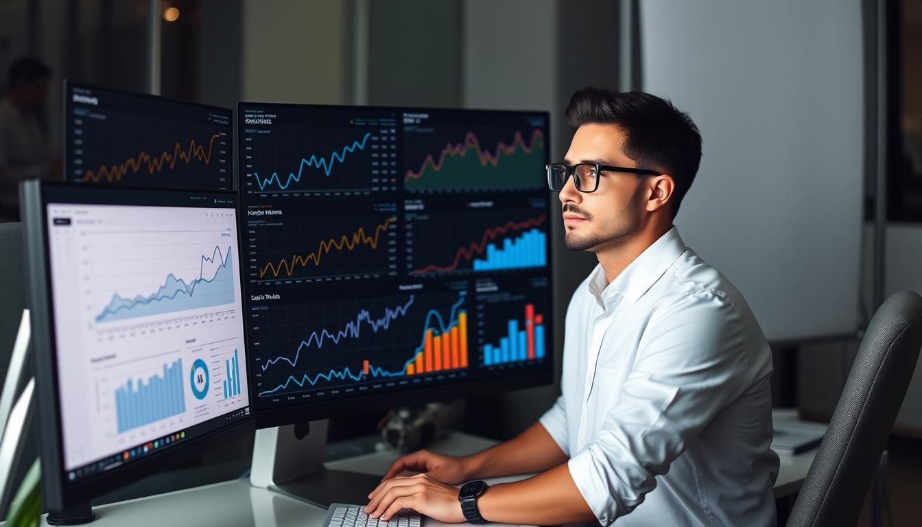 Person analyzing website traffic data on computer with growth charts