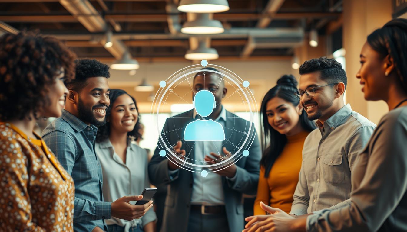 A group of diverse individuals collaborating with an intuitive AI assistant, set against a warm, inviting workspace. The foreground features the users engaged in natural interaction, gesturing and exchanging ideas. The AI assistant, rendered as a sleek, minimalist holographic interface, hovers in the middle ground, seamlessly integrating with the human users. The background showcases a modern, open-concept office with ample natural lighting, fostering a sense of creativity and productivity. The overall atmosphere conveys a harmonious balance between human agency and the supportive capabilities of the AI, embodying the essence of "Balancing Automation with the Human Touch."
