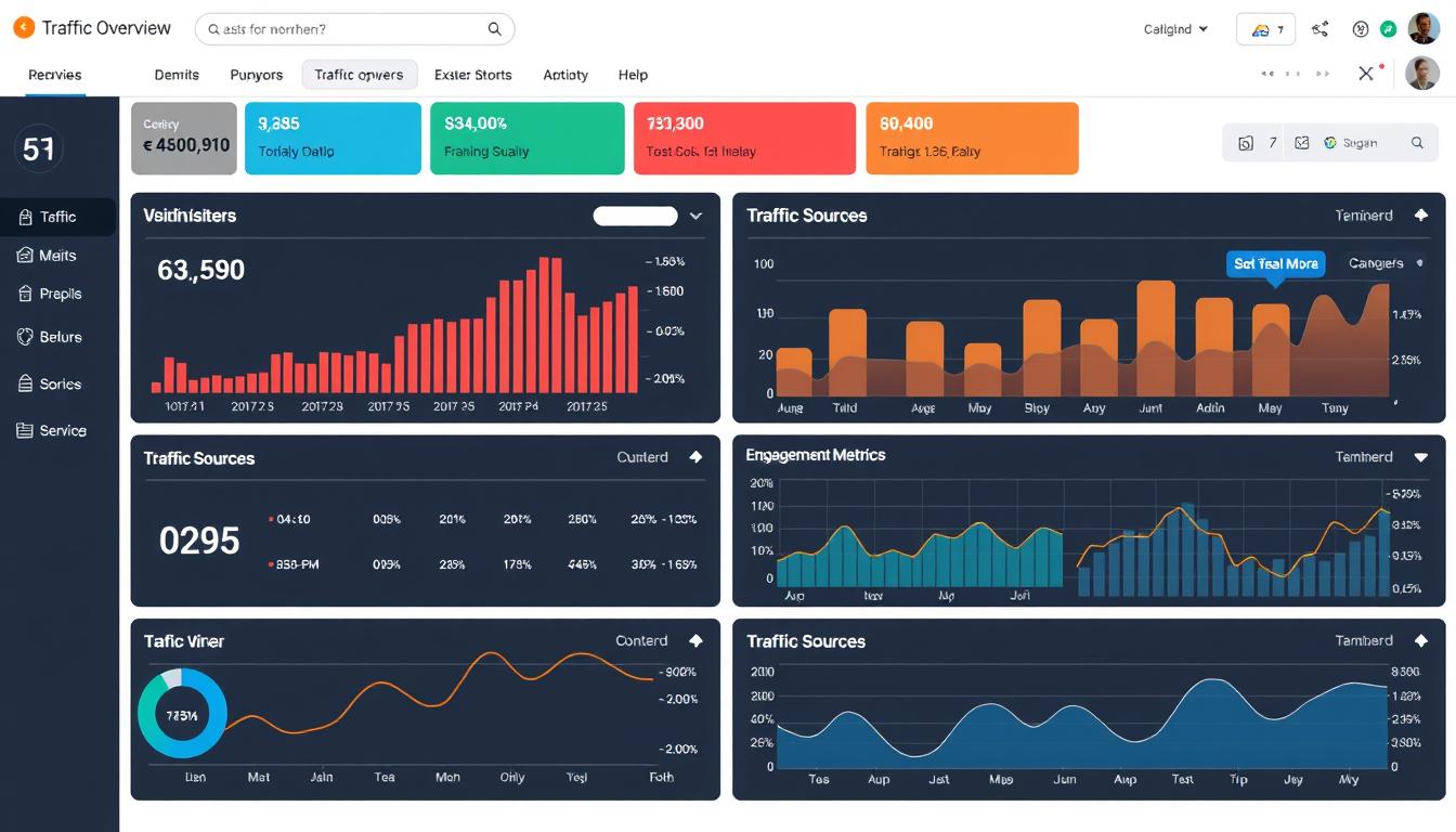 Traffic overview dashboard showing monthly visitors and engagement metrics